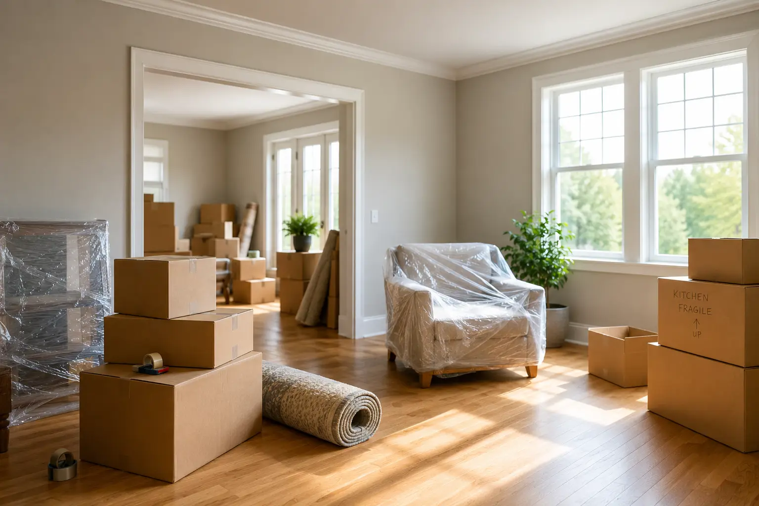 Moving boxes stacked in an empty living room, ready to paint before a move